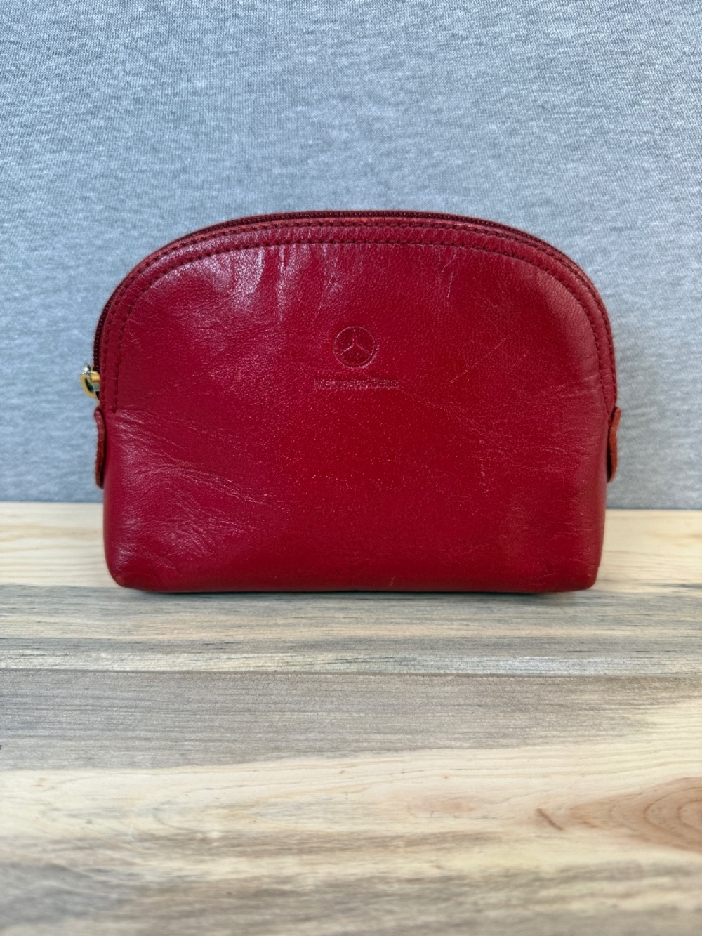 Mercedes Benz Red Leather Pouch Vintage Toiletries Zipper Case Bag Automobile